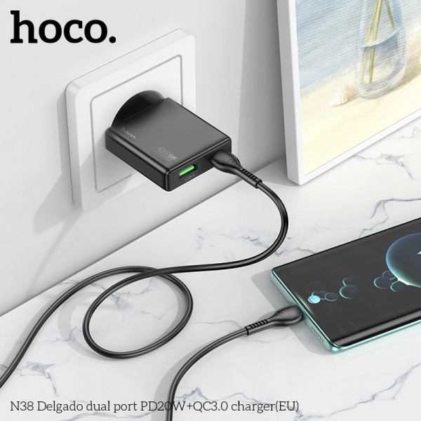 Incarcator de retea Hoco N38 Delgado dual port PD20W+QC3.0 [Black]