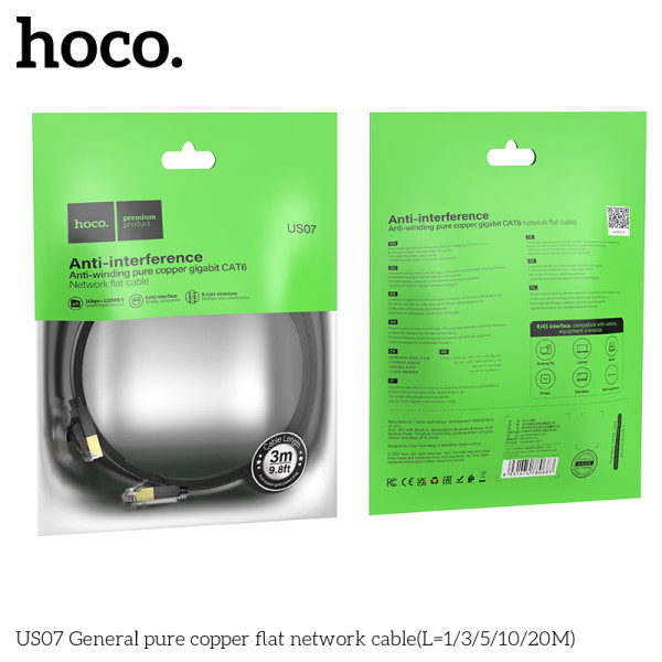 Кабель Hoco US07 General pure copper flat network cable (3м) [Black]