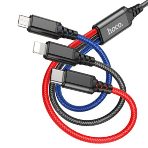 Cablu Hoco X76 3-in-1 Super charging cable Lightning+Type-C+Micro (1m) [Black/Red/Blue]