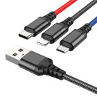 Cablu Hoco X76 4-in-1 Super charging cable Lightning+Type-C+Micro (1m) [Black/Red/Blue]