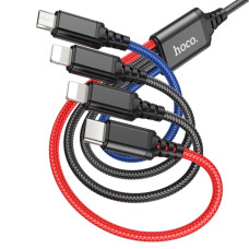 Cablu Hoco X76 4-in-1 Super charging cable Lightning*2+Type-C+Micro (1m) [Black/Red/Blue]