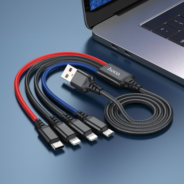 Cablu Hoco X76 4-in-1 Super charging cable Lightning*2+Type-C+Micro (1m) [Black/Red/Blue]