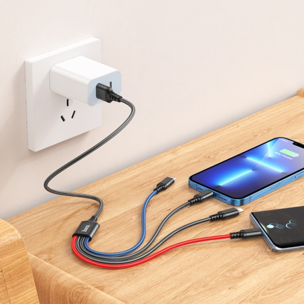 Cablu Hoco X76 4-in-1 Super charging cable Lightning*2+Type-C+Micro (1m) [Black/Red/Blue]