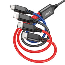 Cablu Hoco X76 4-in-1 Super charging cable Type-C*2+Lightning+Micro (1m) [Black/Red/Blue]