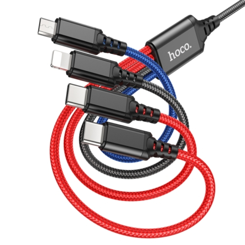 Cablu Hoco X76 4-in-1 Super charging cable Type-C*2+Lightning+Micro (1m) [Black/Red/Blue]