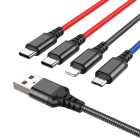 Cablu Hoco X76 4-in-1 Super charging cable Type-C*2+Lightning+Micro (1m) [Black/Red/Blue]