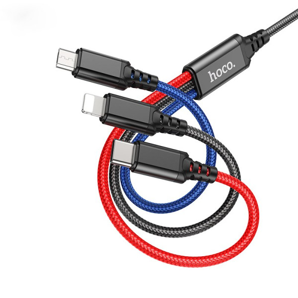 Кабель Hoco X76 3-in-1 Super charging cable iP+Type-C+Micro (L=1m) [Black/Red/Blue]