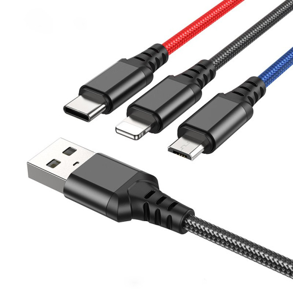 Кабель Hoco X76 3-in-1 Super charging cable iP+Type-C+Micro (L=1m) [Black/Red/Blue]