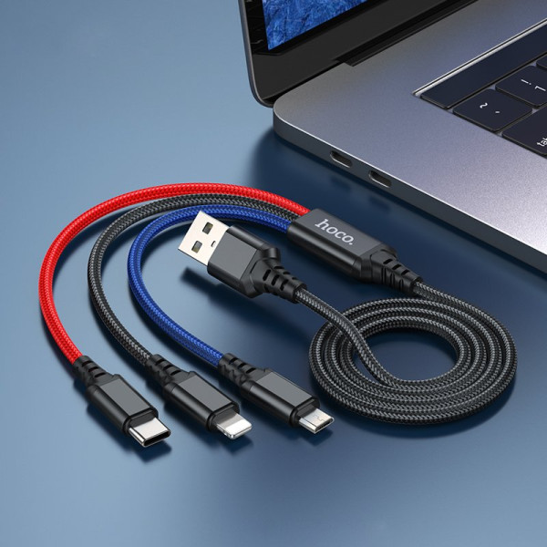 Кабель Hoco X76 3-in-1 Super charging cable iP+Type-C+Micro (L=1m) [Black/Red/Blue]