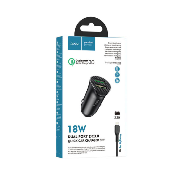 Incarcator auto Hoco Z39 Farsighted + Cablu Lightning (QC3.0) [Black]