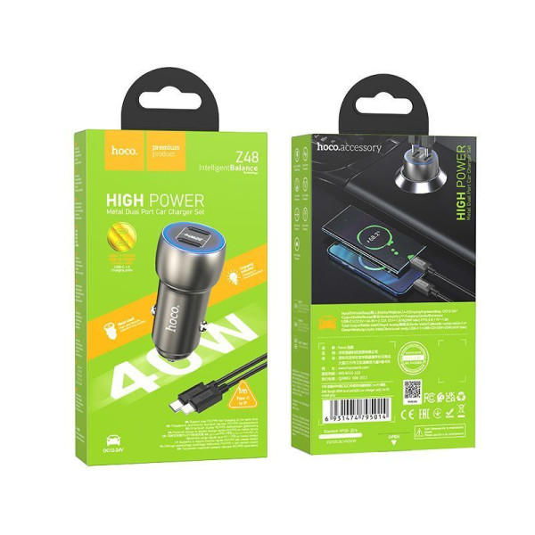 Авто-Зарядка Hoco Z48 Tough + Cablu USB-C to Lighting (40W) [Metal-Gray]