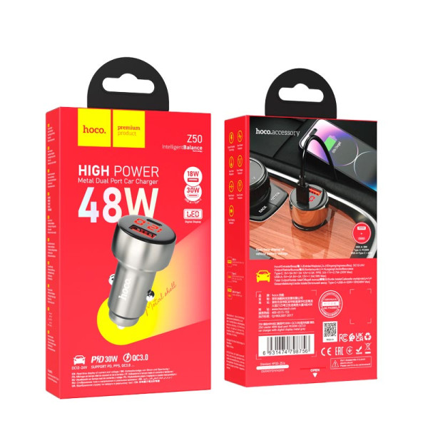 Incarcator auto Hoco Z50 Leader dual port (PD30W+QC3.0) [Metal-Gray]