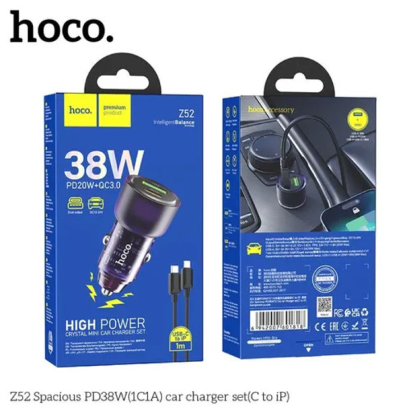 Авто зарядка Hoco Z52 Spacious PD38W (Type-C to iP) [Transparent-Black]