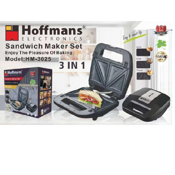 Aparat pentru sandwich multifunctional Hoffmans HM-3025 sandwich maker 3-in-1 [Black]