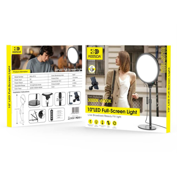 Кольцевая лампа Koosda KRL-ST10 10"LED Full-Screen Light Live Broadcast/Beauty Fill light [Black]