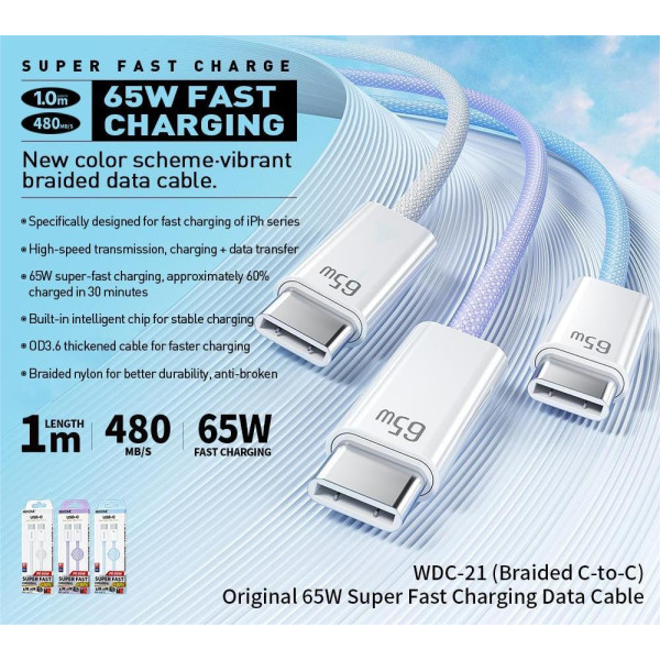 Cablu Wekome WDC-21 Original 65W Super Fast Charging Data Cable Type C to Type C [Purple]