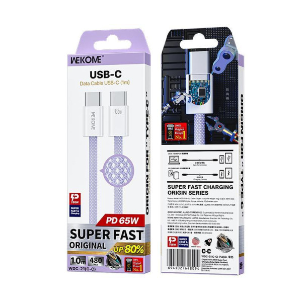 Cablu Wekome WDC-21 Original 65W Super Fast Charging Data Cable Type C to Type C [Purple]