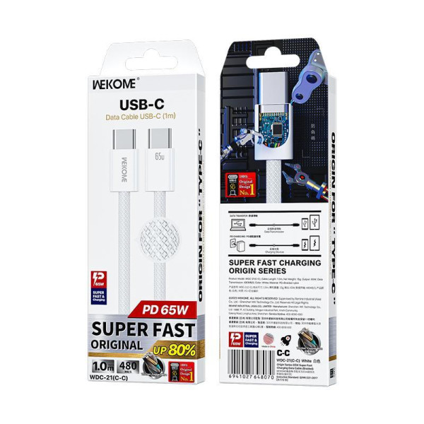 Кабель Wekome WDC-21 Original 65W Super Fast Charging Data Cable Type C to Type C [White]