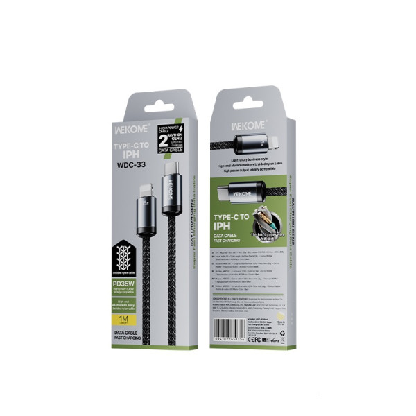 Cablu Wekome WDC-33 Raython Gen2 PD35W Super Fast Charging Data Cable Type C to Lithning [Black]