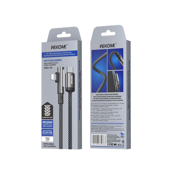 Cablu Wekome WDC-42 PD35W Raython Series Right-Angle Gaming Type C to Lithning [Grey]