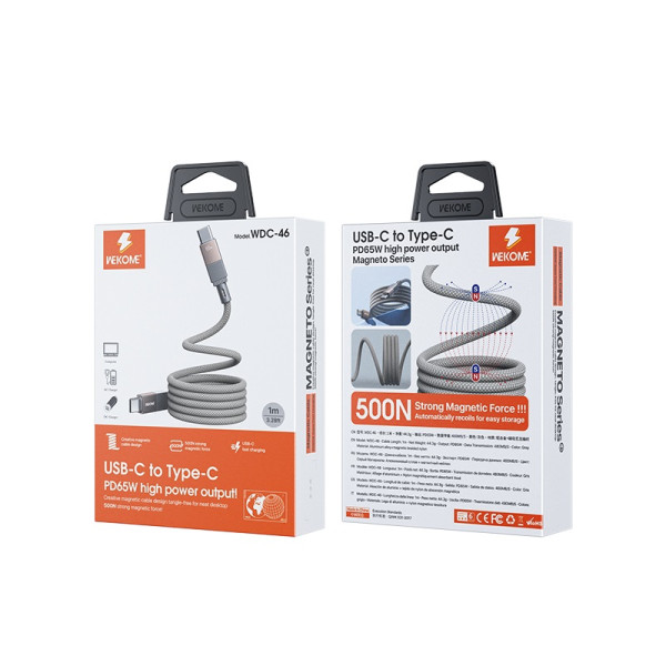 Cablu Wekome WDC-46 PD 65W Magneto Series Super Fast Charging Magnetic Data Cable Type C to Type C [Grey]