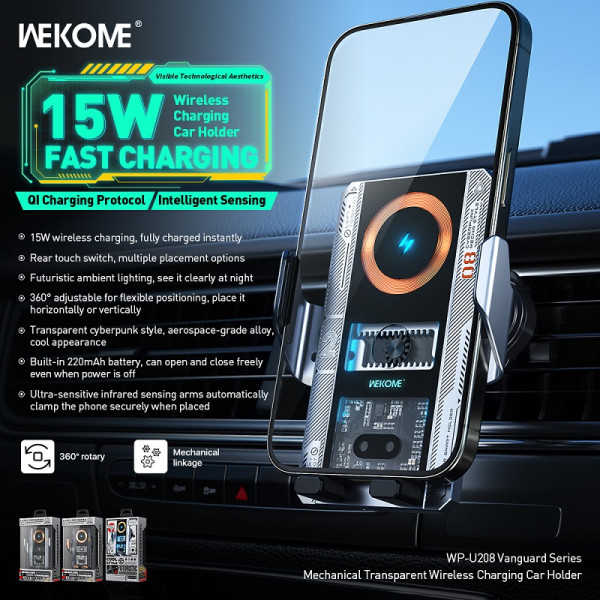 Suport auto Wekome WP-U208 Vanguard Series Mechanical Transparent Wireless Charging Car Holder [Gray]