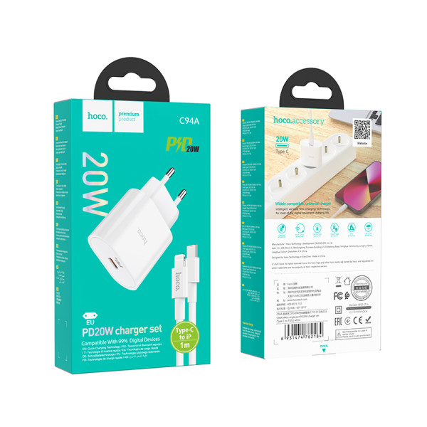 Зарядное устройство Hoco C94A Metro (PD20W)  + Кабель Type-C to Lightning  [White]