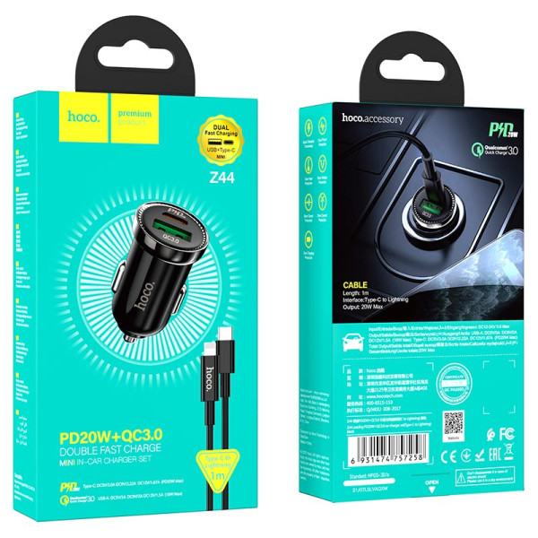 Авто-зарядка Hoco Z44 Leading + Кабель Type-C to Lightning (PD20W + QC3.0) [Black]