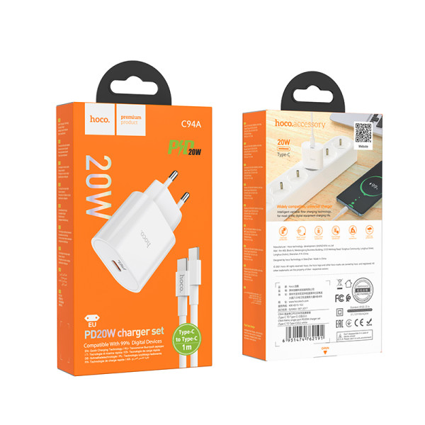 Incarcator de retea Hoco C94A Metro (PD20W) + Cablu Type-C to Type-C  [White]