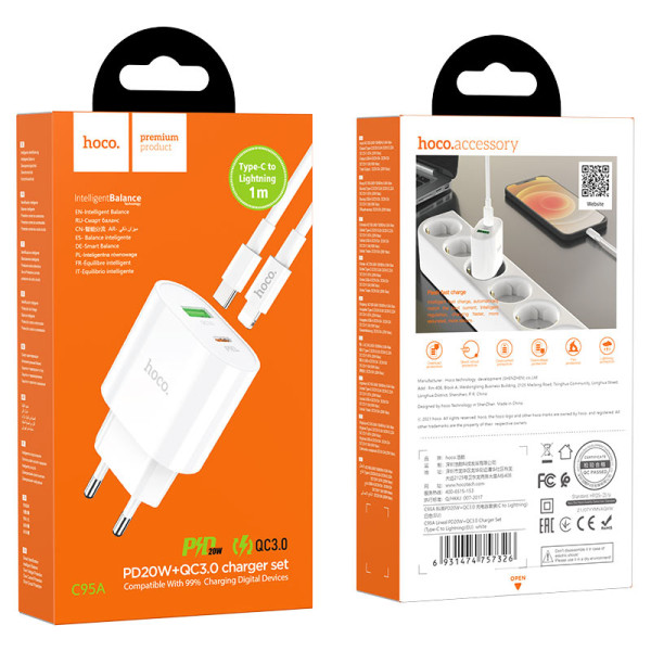 Incarcator de retea Hoco C95A Lineal (PD20W+QC3.0) + Cablu Type-C to Lightning  [White]